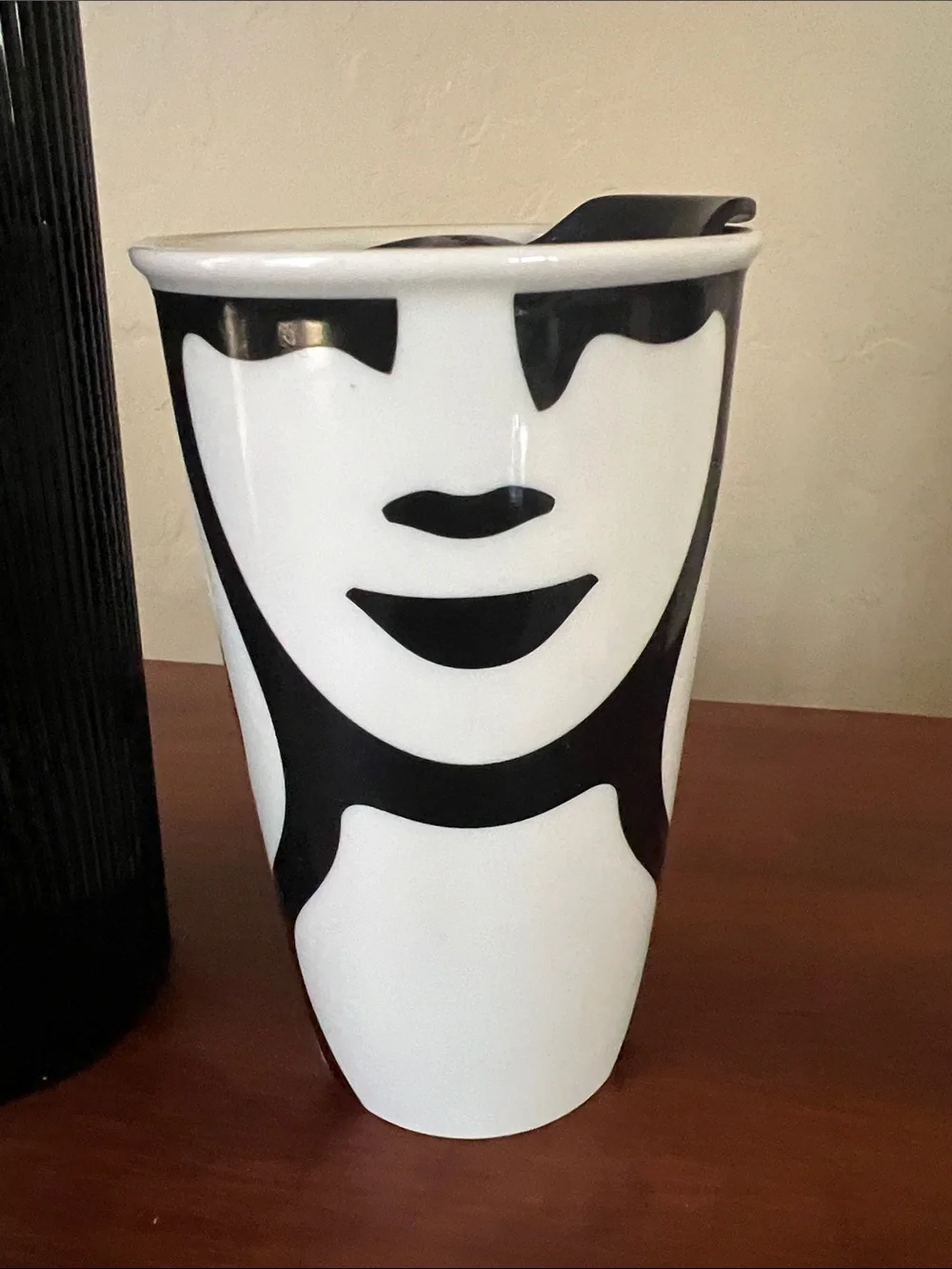 Starbucks Black Ribbed Tumbler and Stylized Face Travel Mug Excellent Condition
